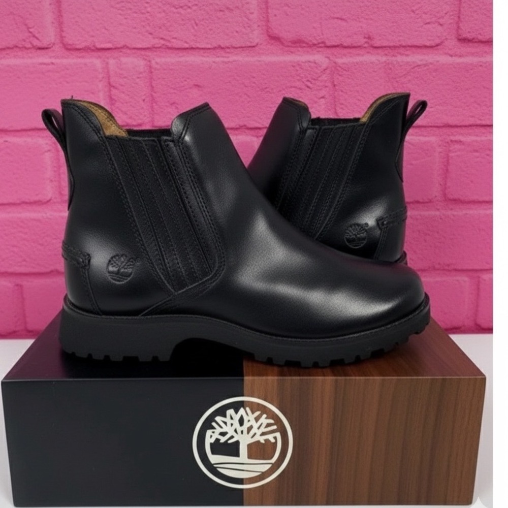 Timberland 🖤Lyonsdale 🤑Black Leather Slip‎ On Ankle Boots Grunge Boho Sz8